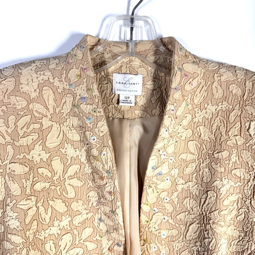 Emma James Skirt Suit Set Womens 12P Beige 3pc Floral Jacket Formal Bridal Party